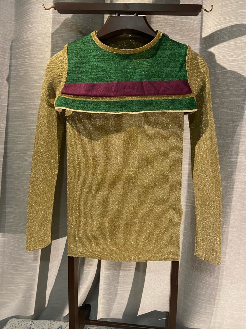 Vintage Gold Metallic V-Neck Sweater with Green and Purple Overlay